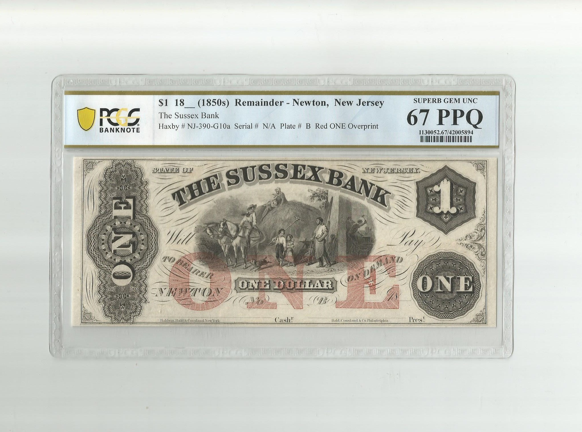 1850 One Dollar New Jersey Newton Sussex Bank Remainder Note