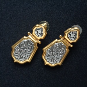 Stunning Vintage Polished Yellow Gold With Silver Tone Metal Damask Pattern Designs Ornament Pierced Dangle Earrings Damascus Style Jewelry