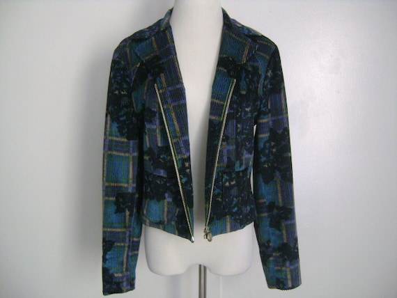 Christian Lacroix, CHRISTIAN LACROIX de BAZaR Made in France Colorful Dark Blues Green Tan Purple Violet Jacket Blazer Zipper Sleeves Two Pockets Size 42 M L