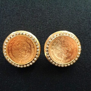 Vintage Jewelry Fashion Accessories Yellow Gold Plated Estados Unidos Mexicanos Mexican Peso Coins & Rhinestone Accents Circle Clip Earrings