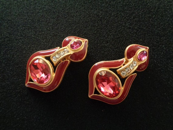 Elegant Red Wine Color Enamel & Faceted Oval Cut … - image 10