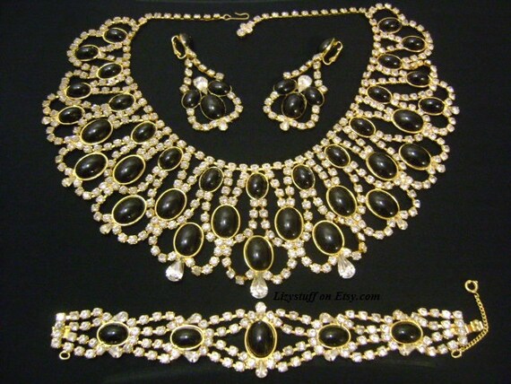 JULIANA Alice Caviness ?? Beyond Fabulous To Die For Diamante Rhinestones Black Glass Necklace Bracelet Chandelier Earrings Red Carpet Ready