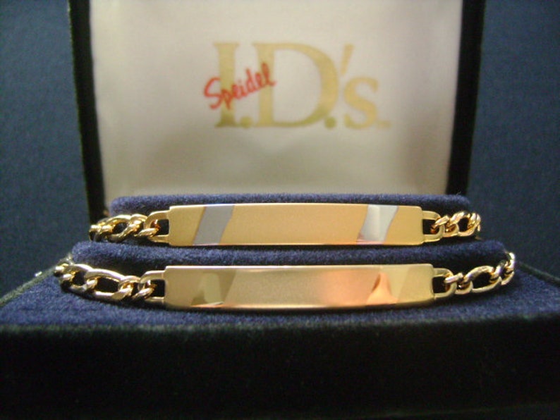 SPEIDEL Couples BFF 2 Vintage ID Bar Bracelets Set Friendship Best Friends Sisters Teenagers Gold Plated Figaro Chain Link Engravable Box
