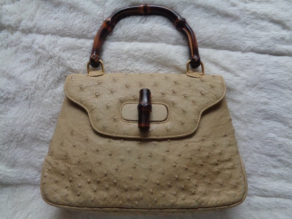 Vintage Iconic GUCCI Bamboo ITALY Beige Tan Genuine Ostrich Skin