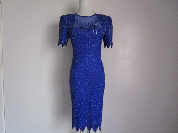 Stunning Vintage DENISE ELLE Royal Blue Silk Iridescent Beaded Sequin Dress Cocktail Dinner Formal Event New Year's Eve Celebrations Party S