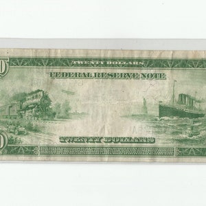 Old 1914 US 20 Dollar Bill Currency Federal Reserve Note Chicago Very Fine Large Size Horse Blanket Banknote Paper Money image 2