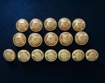 Beautiful Vintage Set of 17 Piece Sewing Button Gold Tone Nautical Anchor Designs Naval Coat Jacket Suit Blazer Dress Shirt Clothing Buttons