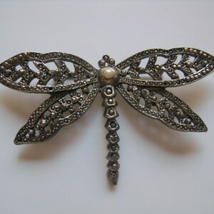 May include: A silver dragonfly brooch with a pearl-like center. The wings are detailed with intricate filigree work.
