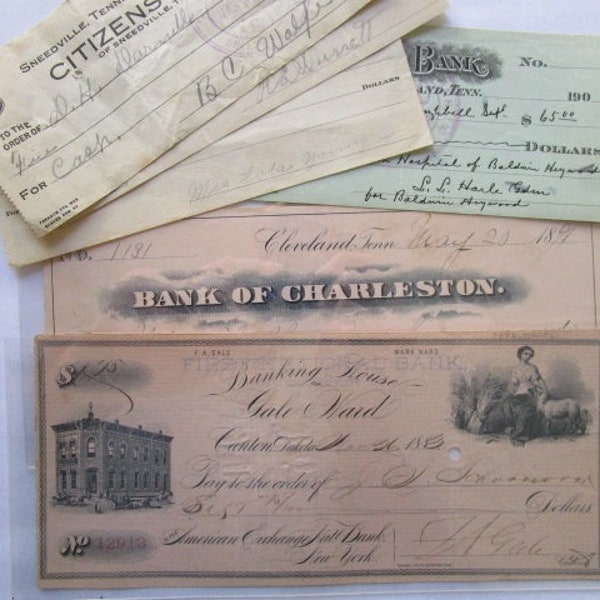 Bank Check Lot including a 1883 Large Used Check Banking House of Gale Ward Canton Dakota Territory Exonumia Collectors Item Punch Cancelled