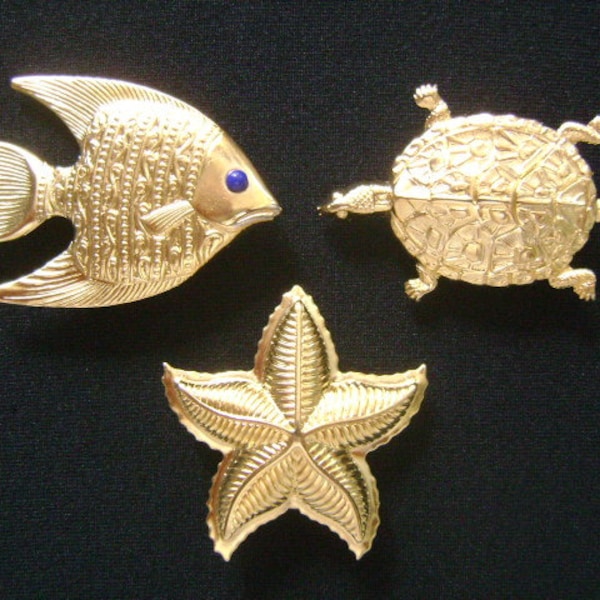 Lot 3Pcs Beautiful Vintage Under The Sea Animal Reptile Turtle Pomfret Fish Starfish Cute Gold Tone Button Covers Nautical Style Accessories