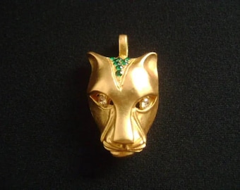 Striking Yellow Goldtone Wild Jungle Tiger Puma Panther Leopard Face Head Jeweled With Green Clear Rhinestone Eyes Pendant Very Good Quality