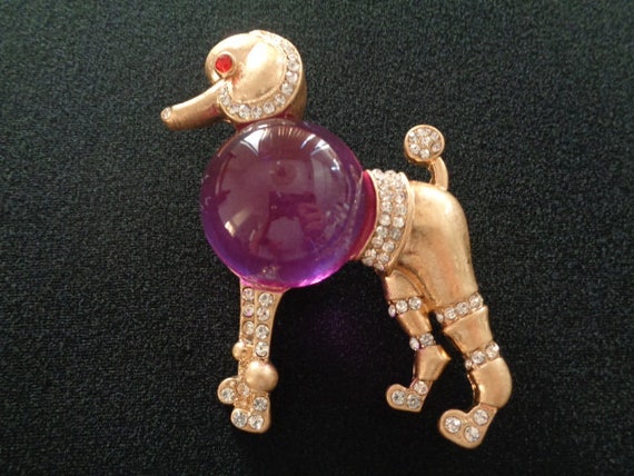 Broche Vintage Chien Caniche En Strass Bleu Et Métal Doré - Modèle K25, Occasion