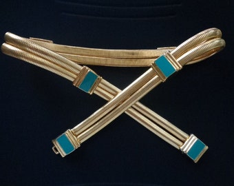 Mimi D N 1976 Vintage Belt Set....green Belt With Gold Leaf  display picture 3