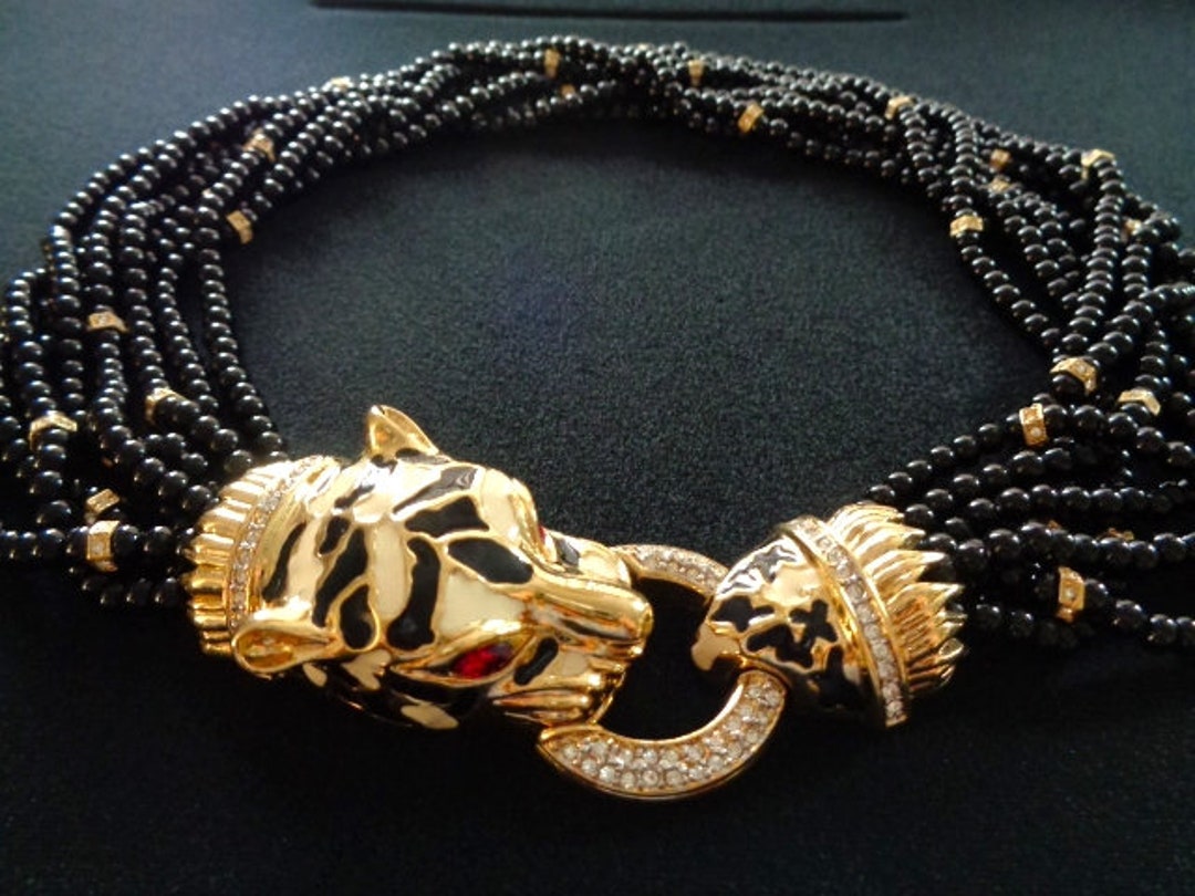 D'orlan Black Glass Beads Gold Jaguar Puma Tiger Head Clasp Red
