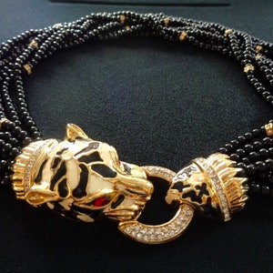 D'Orlan Black Glass Beads Gold Jaguar Puma Tiger Head Clasp Red Crystal Eye Black Cream Enamel W/ Clear Rhinestone Rondelle Torsade Necklace