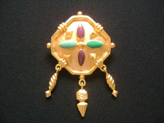 Beautiful Vintage Rich Matte Finish Gold Tone Lagoon Green Purple Maroon Colored Enamel Dangle Amulet Chandelier Pin Brooch Etruscan Jewelry