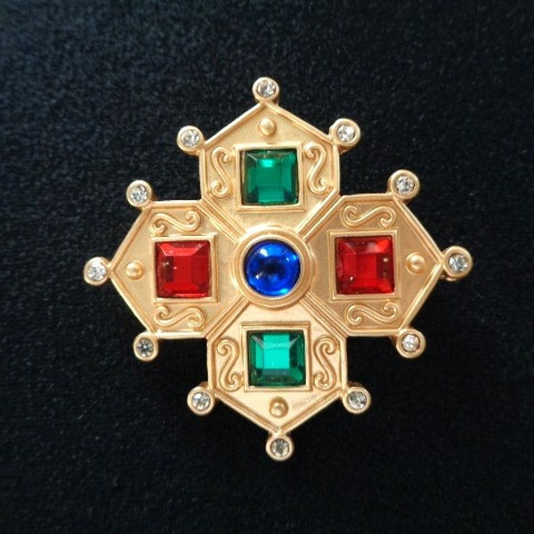 Beautiful Matte Finish Gold Tone Metal Jeweled W/ Square Round Cut Red Green Blue Glass Rhinestone Accents Brooch Pin Etruscan Style Jewelry