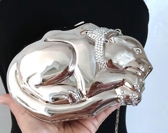 Bellissimo Made in Hong Kong Animal Panther Jaguar Cat Silver Tone Hard Metal Rhinestone Accents Chain Strap Crossbody Bag Clutch Mini Purse