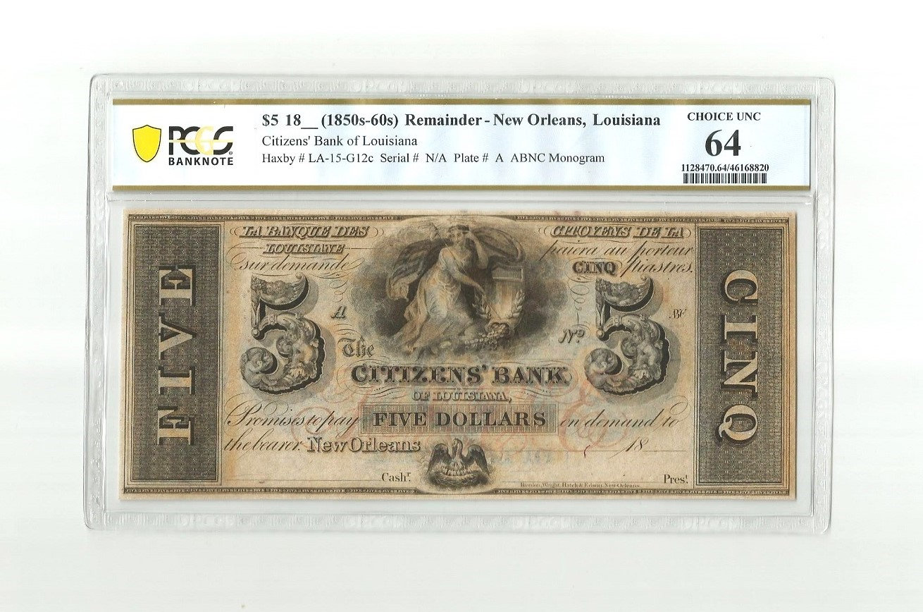 1850s 5 Five Dollar Bill PCGS 64 Citizens Bank of Louisiana New