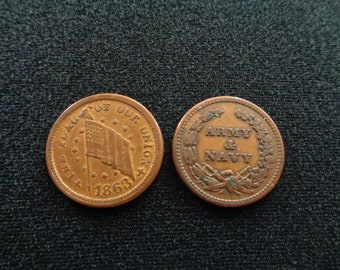 Two American Civil War Tokens Flag of Our Union and Liberty Cap Army Navy Token Old Antique Collectible Memorabilia Historic From the 1800's