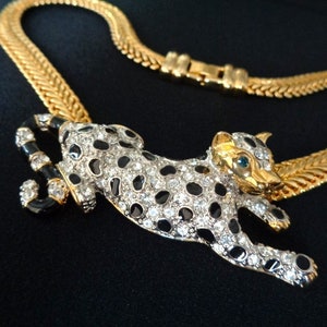 Magnificent Yellow Gold Plated Franco Chain Link Necklace Pave Crystal Black Enamel Clouded Leopard Panther Blue Glass Eyes Panthere Jewelry
