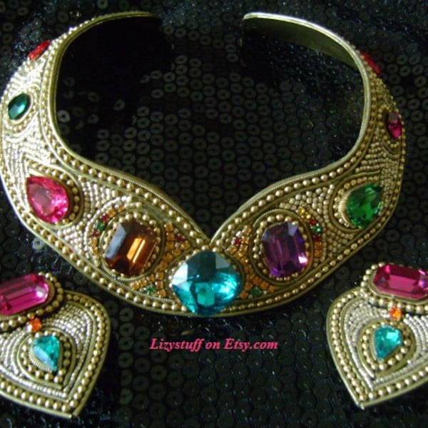 M & J HANSEN DESIGNS Multi Colored Bejeweled Crystals Rhinestones Beads Couture Hinged Collar Necklace and Large Runway Earrings Jewelry Set