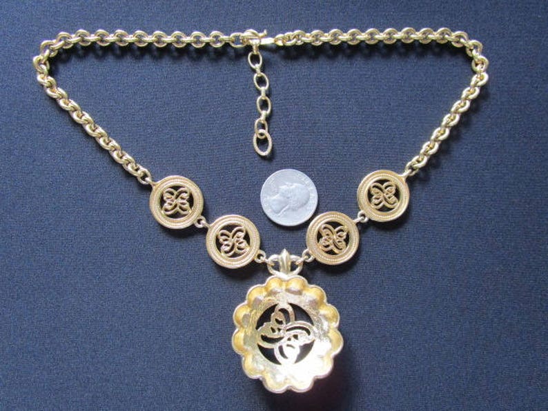 Fabulous Vintage Jewelry Gold Chain W Olive Green Colored Enamel Accent Monogram Monogrammed Designs Dangle Drop Medallion Pendant Necklace