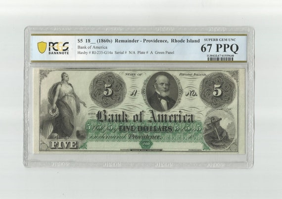 Moneda obsoleta de 1860 5 dólares billete PCGS de alto grado 67 PPQ Superb  GEM Uncirculated Bank of America Providence Rhode Island Histórico -   México