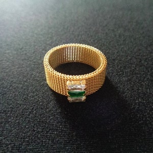 Lovely Gold Plated Mesh Metal With Baguette Cut Emerald Green & Clear Colors Crystal CZ Cubic Zirconia Wide Band Ring Size 7 Fashion Jewelry