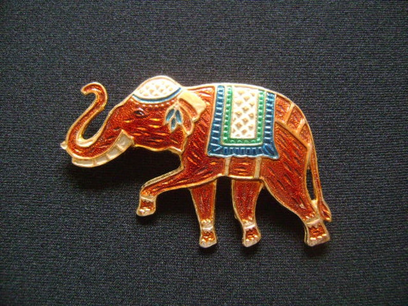 Lovely Vintage WARNER Joseph Warner Jewelry NY Gold Tone Enameling Brown White Green Blue Enamel Good Luck Lucky Elephant Animal Brooch Pin