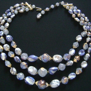 Vintage Signed HONG KONG Triple 3-Strand Iridescent Blue Color With Gold Dark Vivid Blue Motif Lucite Beads Three Layer Drape Necklace 20&quot; L