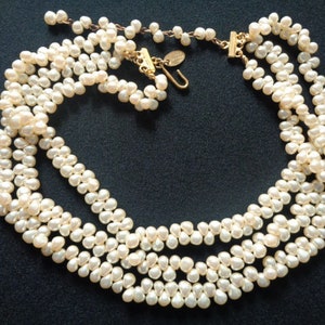 Nice LES BERNARD Multi 3 Strand Rice Pearls Torsade Beaded Adjustable Choker Necklace &Gold Tone Accents Wedding Mother of the Bride Jewelry