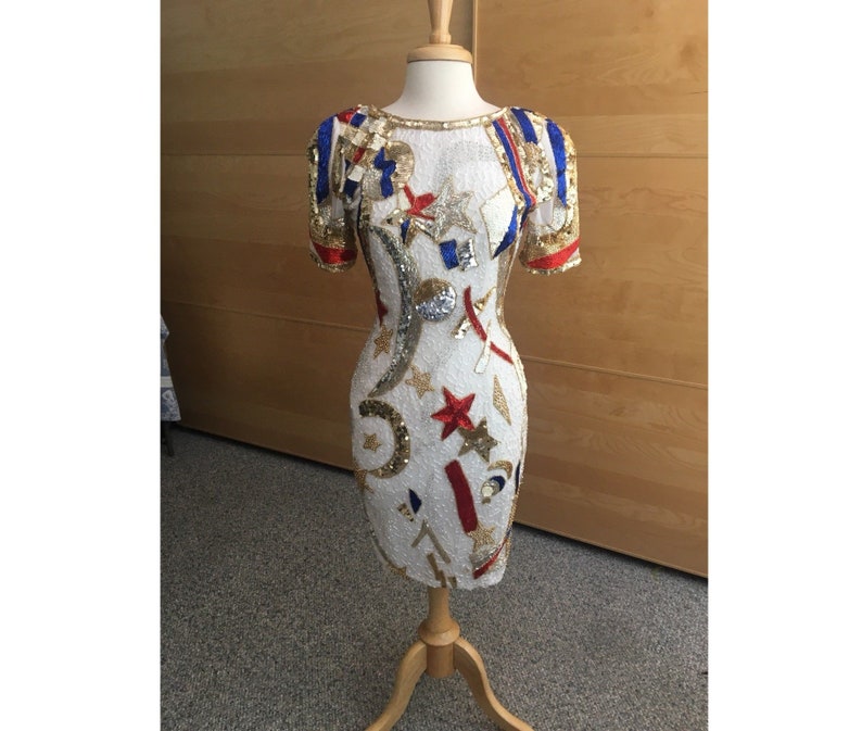 Rare Vintage NITELINE Patriotic Colors White Blue Red Gold Silver Moon & Star Motifs Beaded Sequins Very Unique Statement Dress Size 4 XS S 