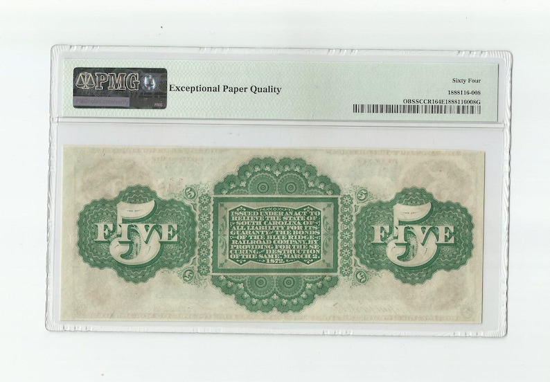 1872 5 Dollar State of South Carolina Columbia Revenue Bond Scrip Obsolete Note PMG 64 EPQ Civil War Historical Currency image 2