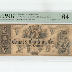 1840's 5 Dollar Bill Canal & Banking Co. New Orleans Louisiana US Obsolete Currency Remainder Note PMG 64 Benjamin Franklin Maidens Cherubs
