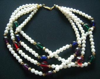 Vintage V A Classic Faux Pearls Beads With Red Green Blue Purple Glass 4-Strands Fancy Glamorous Evening Opera Gatsby Torsade Style Necklace