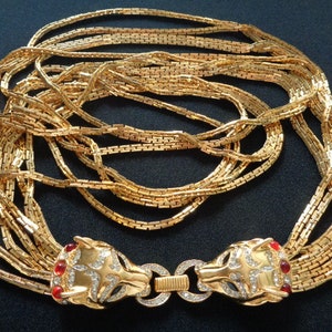 NINA RICCI PARIS Glitz Glamour Gold Plated 7 Strand Boston Link Chain Necklace Twin Jaguar Panther Jeweled Red Gripoix Glass Crystal Accents