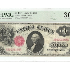 1917 1 One Dollar Bill Legal Tender SAWHORSE FR36 Teehee / Burke Red Seal Large Size Note US Paper Money PMG 30 Very Fine George Washington