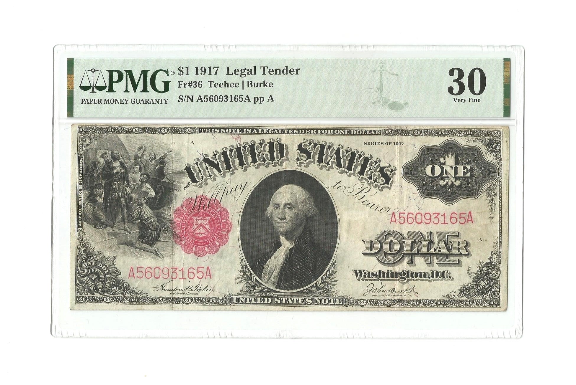1917 1 One Dollar Bill Legal Tender SAWHORSE FR36 Teehee / Burke Red Seal  Large Size Note US Paper Money PMG 30 Very Fine George Washington 