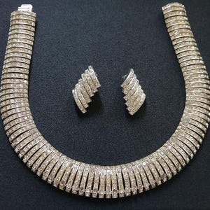 BW Butler And Wilson Shiny Silver Tone Coated W/ Dazzling Crystal Accents Collar Choker Necklace & Clip Earrings Set Cleopatra Style Jewelry