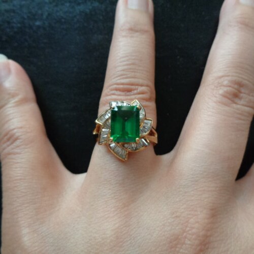 Stunning Yellow Gold Plated Sterling Silver With Simulated Green Emerald & shops Clear Diamond Baguette Cut CZ Cubic Zirconia Ring Size 6 Jewelry