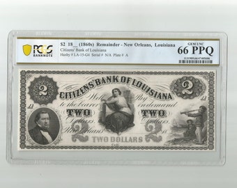 1860s 2 Dollar Bill Citizens Bank of Louisiana New Orleans LA Graded PCGS 66 PPQ Remainder Obsolete Bank Note United States Historical Money