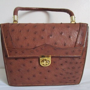 May include: A brown ostrich leather handbag with a gold-tone handle and clasp.