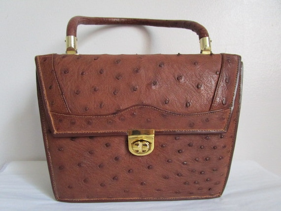 Vintage Cognac Brown Real Genuine OSTRICH Skin Leather Top Handle Satchel Envelope Style Handbag Purse W/Gold Tone Hardware Timeless Classic