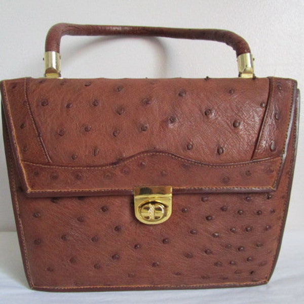 Vintage Cognac Brown Real Genuine OSTRICH Skin Leather Top Handle Satchel Envelope Style Handbag Purse W/Gold Tone Hardware Timeless Classic