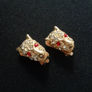 Gorgeous Wild Big Cat Panther Puma Jaguar Yellow Gold Tone With Sparkling Clear Rhinestone Earrings Ruby Red Crystal Eyes Minimalist Jewelry