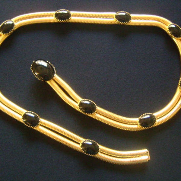 Superb Vintage CHRISTIAN DIOR Gold Plated Double Snake Chain and Oval Shape Black Onyx Cabochons Belt or Necklace Size Small For Petite Lady
