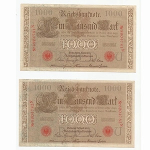 1910 German Berlin Bank Empire Imperial Reichsbanknote 1000 Marks Zwanzig Millionen Banknotes Consecutive Serial Numbers Germany Paper Money