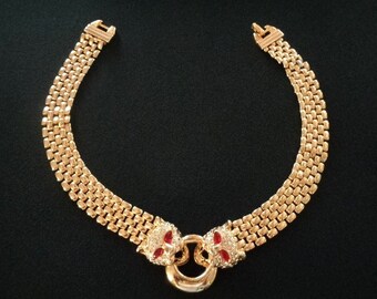 Striking Dual Double Panther Leopard Head Biting Ring Red Crystal Eye Yellow Gold Tone Basket Weave Design Chain Necklace Rhinestone Accents