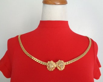 Stylish Accessocraft NYC Accessories Gold Tone Thick Herringbone Chain Double Lion Head Face Buckle Skinny Belt Runway Necklace 28" L Size S